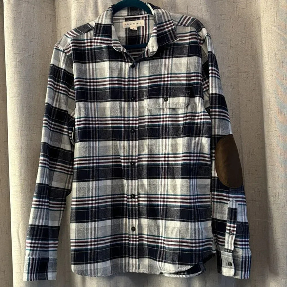 Aeropostale Flannel Shirt Men's Size m Gray and Blue Long Sleeve Button Up Plaid - Picture 1 of 8